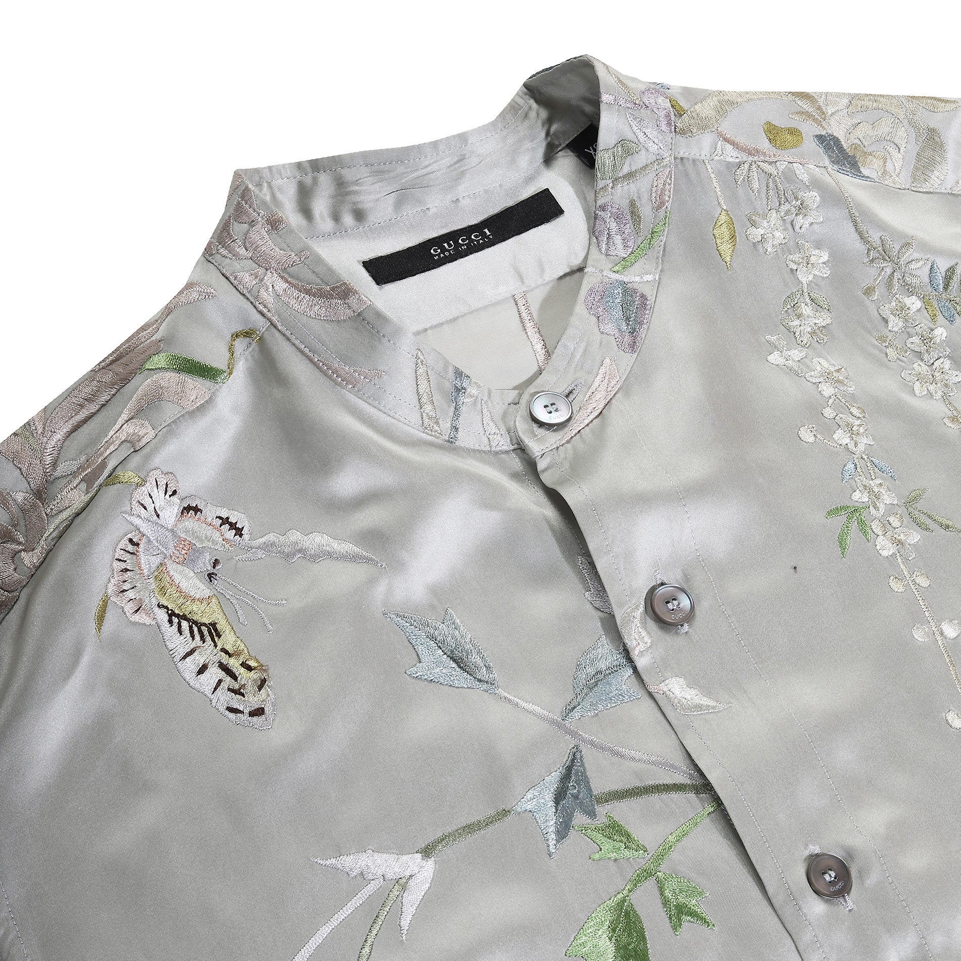 Gucci SS03 by Tom Ford Oversized Floral Bird Embroidered Silk Shirt