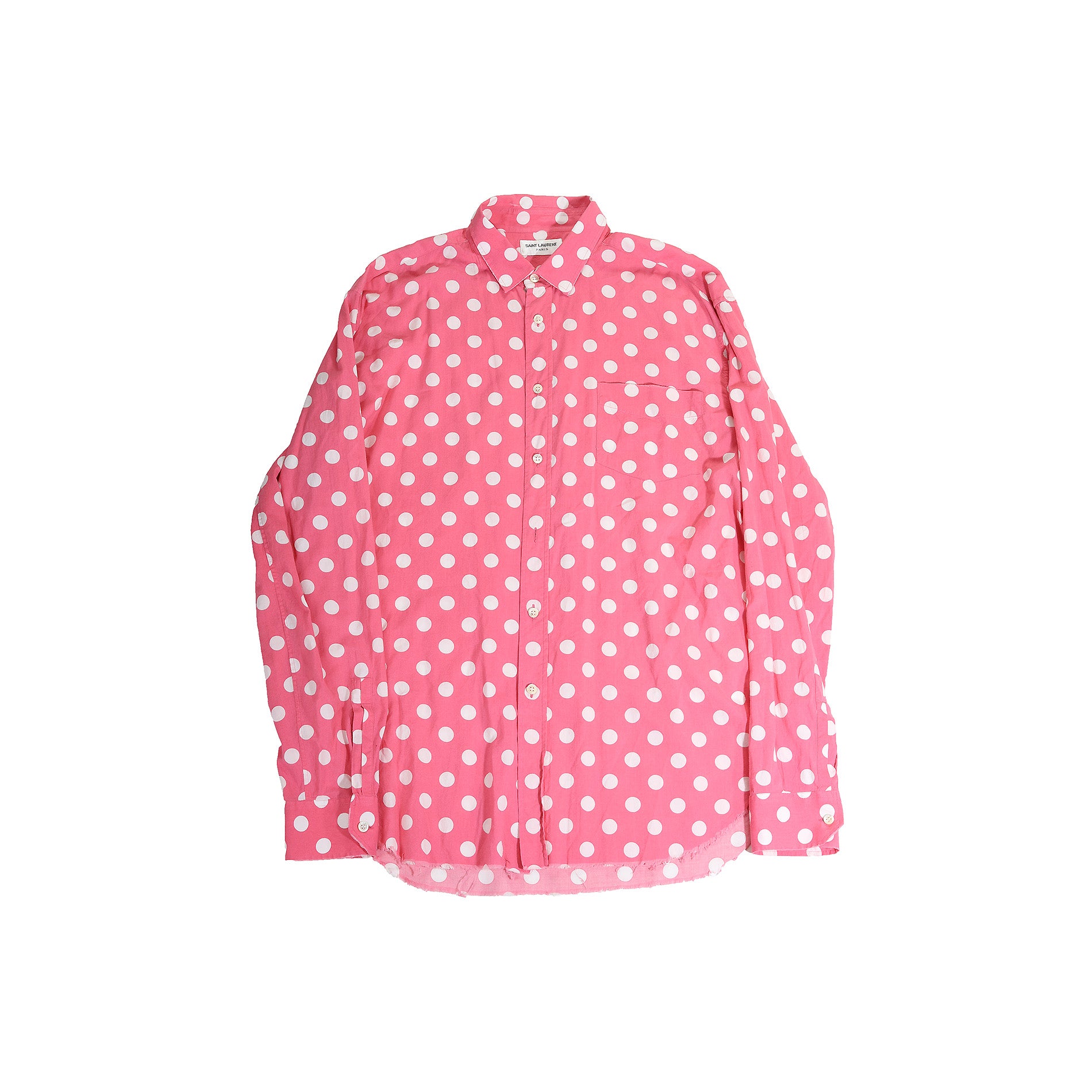 Saint Laurent Paris SS16 Pink Polka Dot Raw Hem Shirt