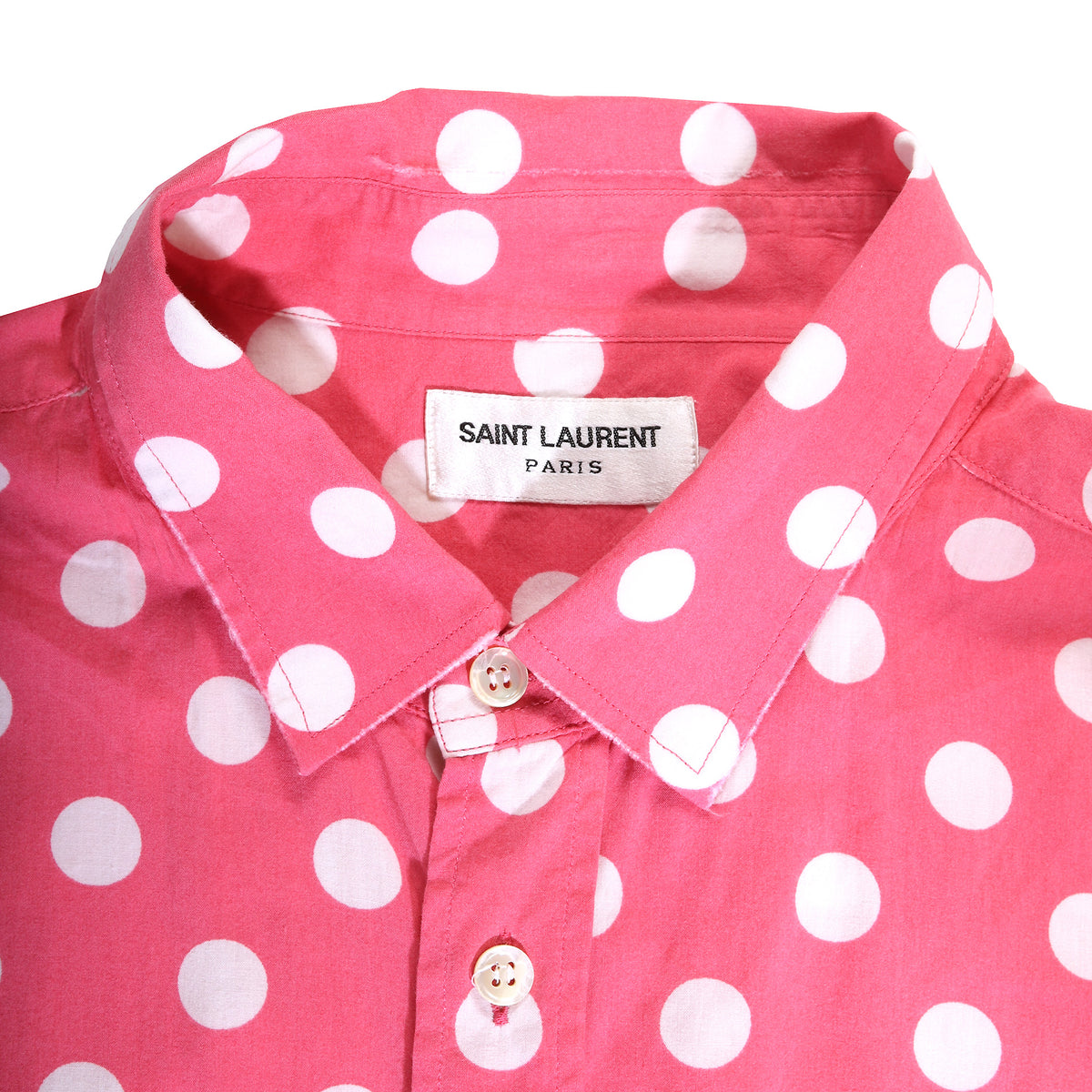 Saint Laurent Paris SS16 Pink Polka Dot Raw Hem Shirt