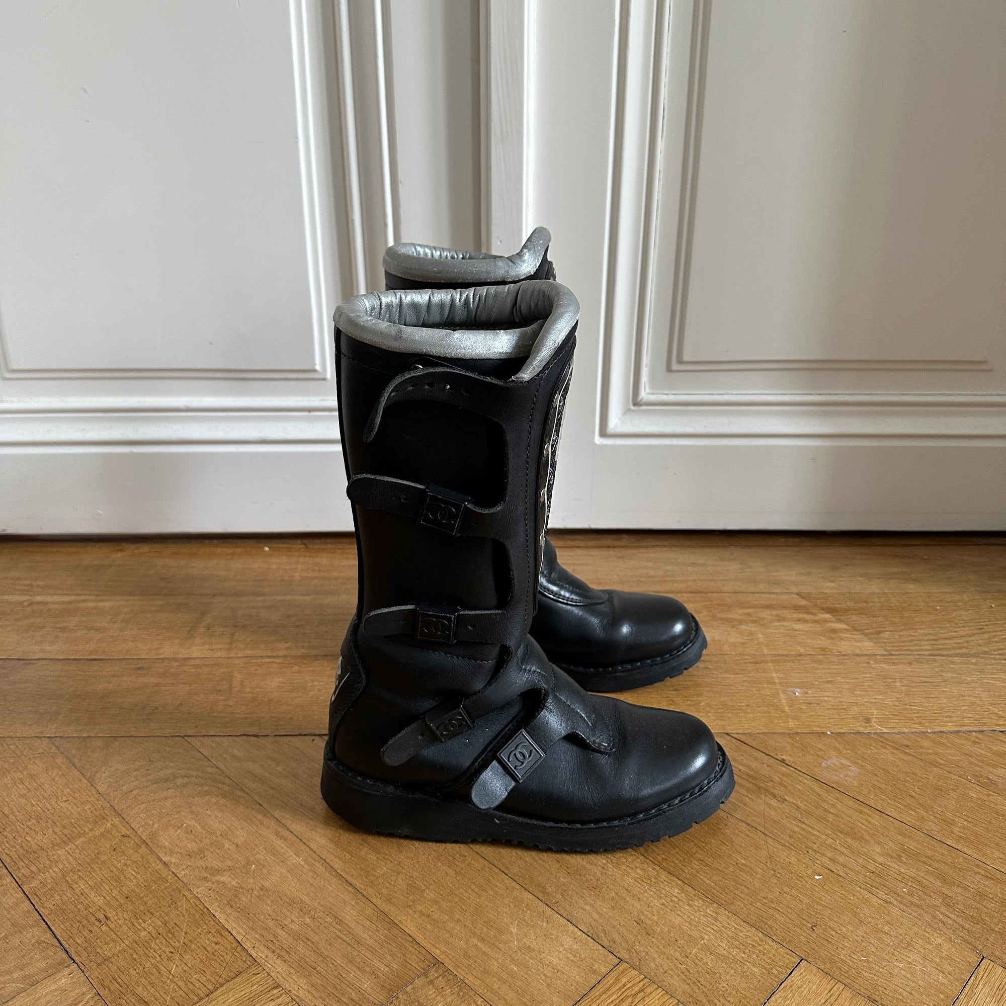 Chanel 90s Logo Buckled Motorcycle Boots