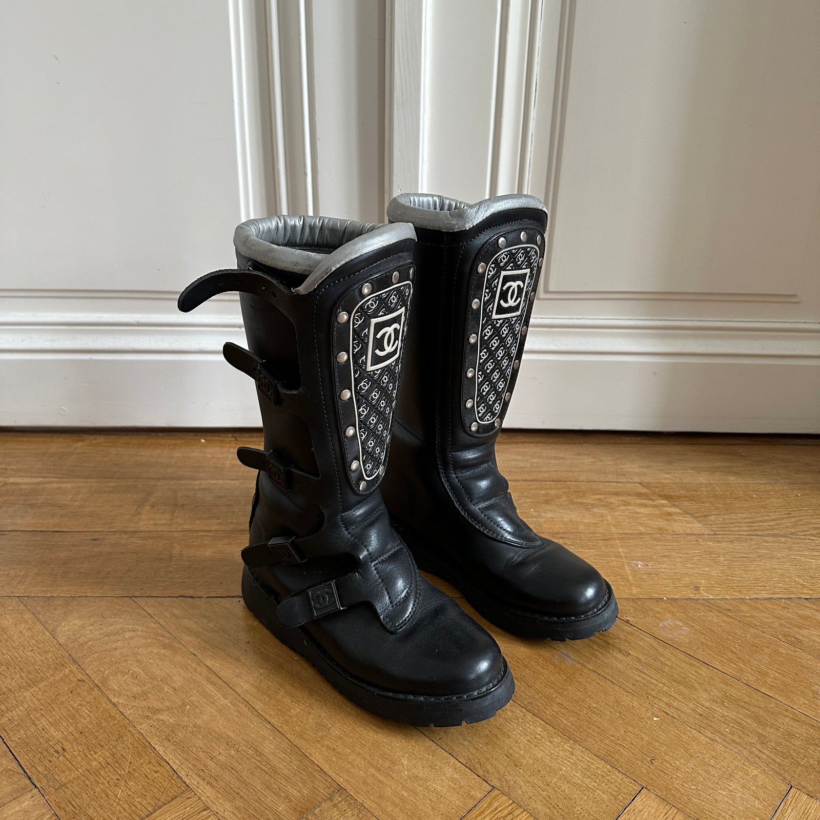 Chanel 90s Logo Buckled Motorcycle Boots