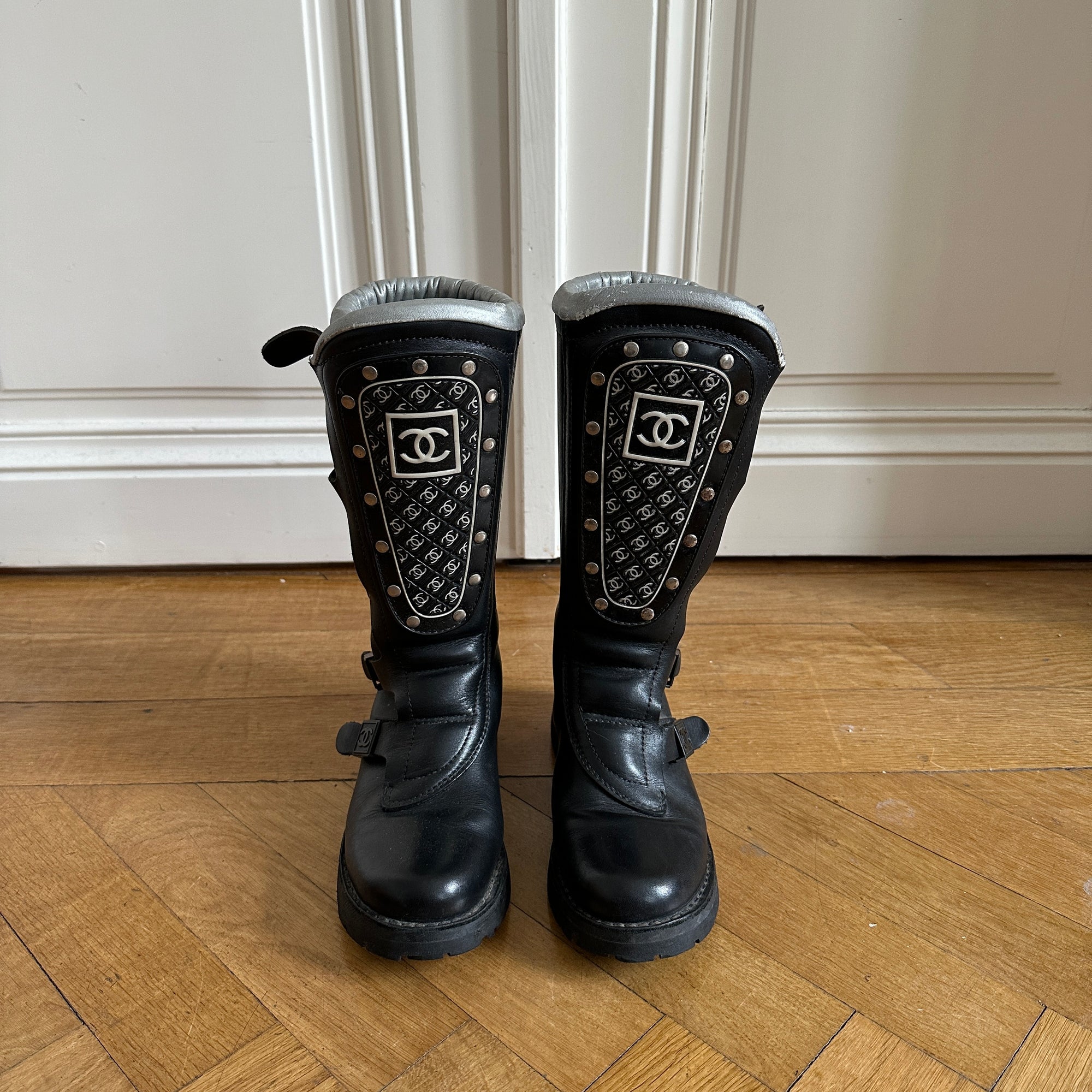 Chanel 90s Logo Buckled Motorcycle Boots