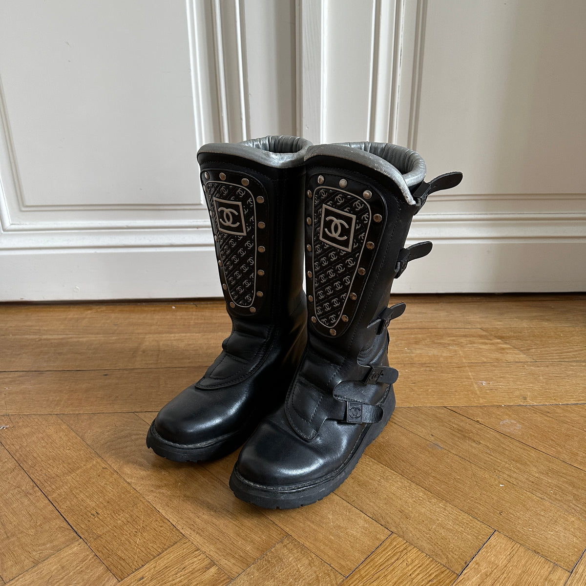 Chanel 90s Logo Buckled Motorcycle Boots