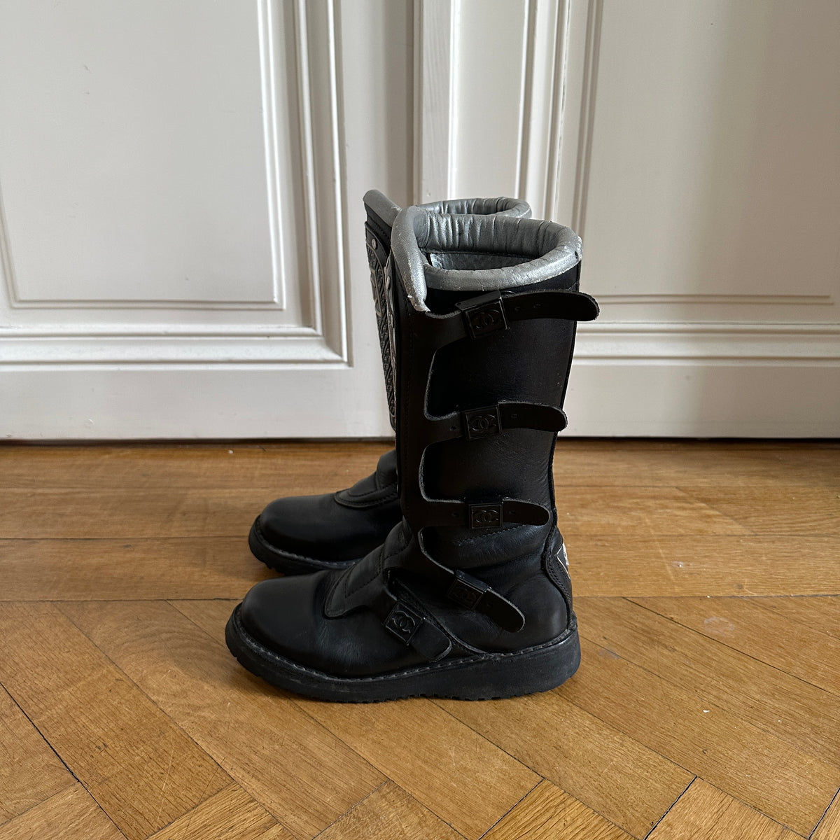 Chanel 90s Logo Buckled Motorcycle Boots