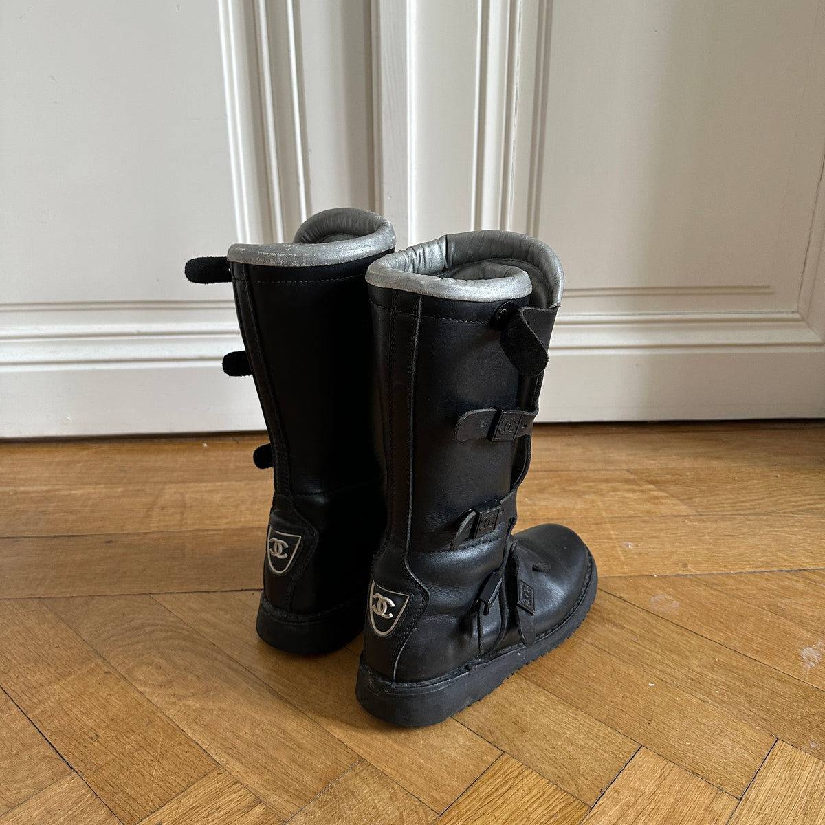 Chanel 90s Logo Buckled Motorcycle Boots
