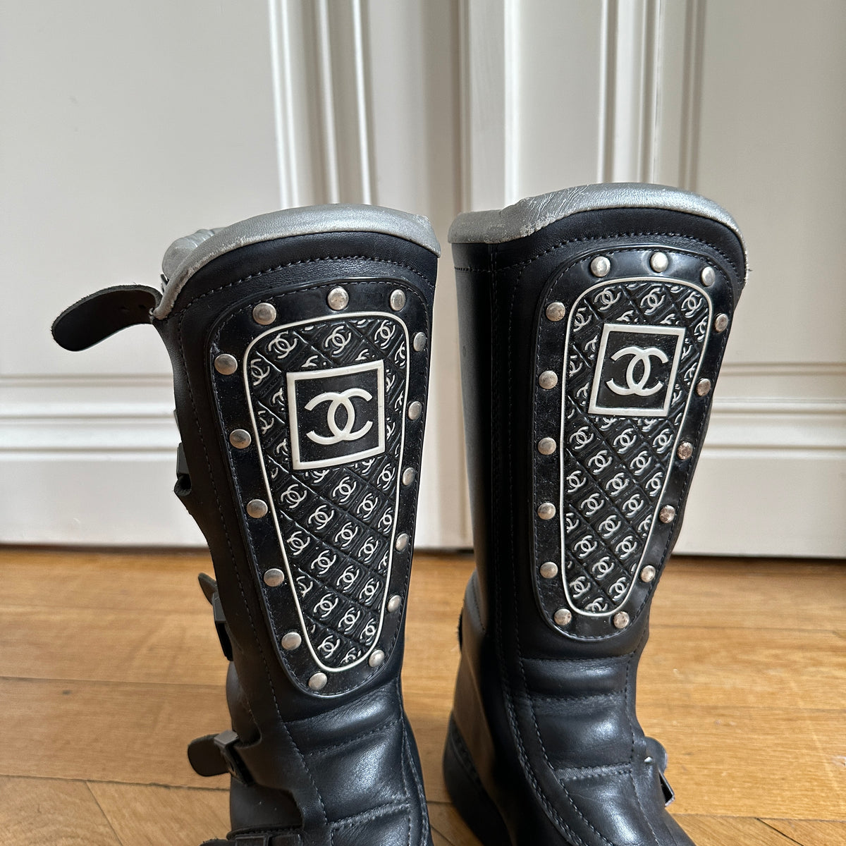 Chanel 90s Logo Buckled Motorcycle Boots