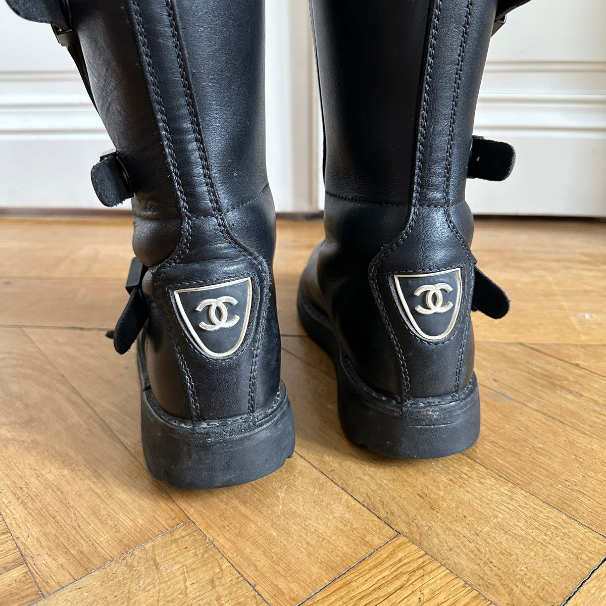 Chanel 90s Logo Buckled Motorcycle Boots