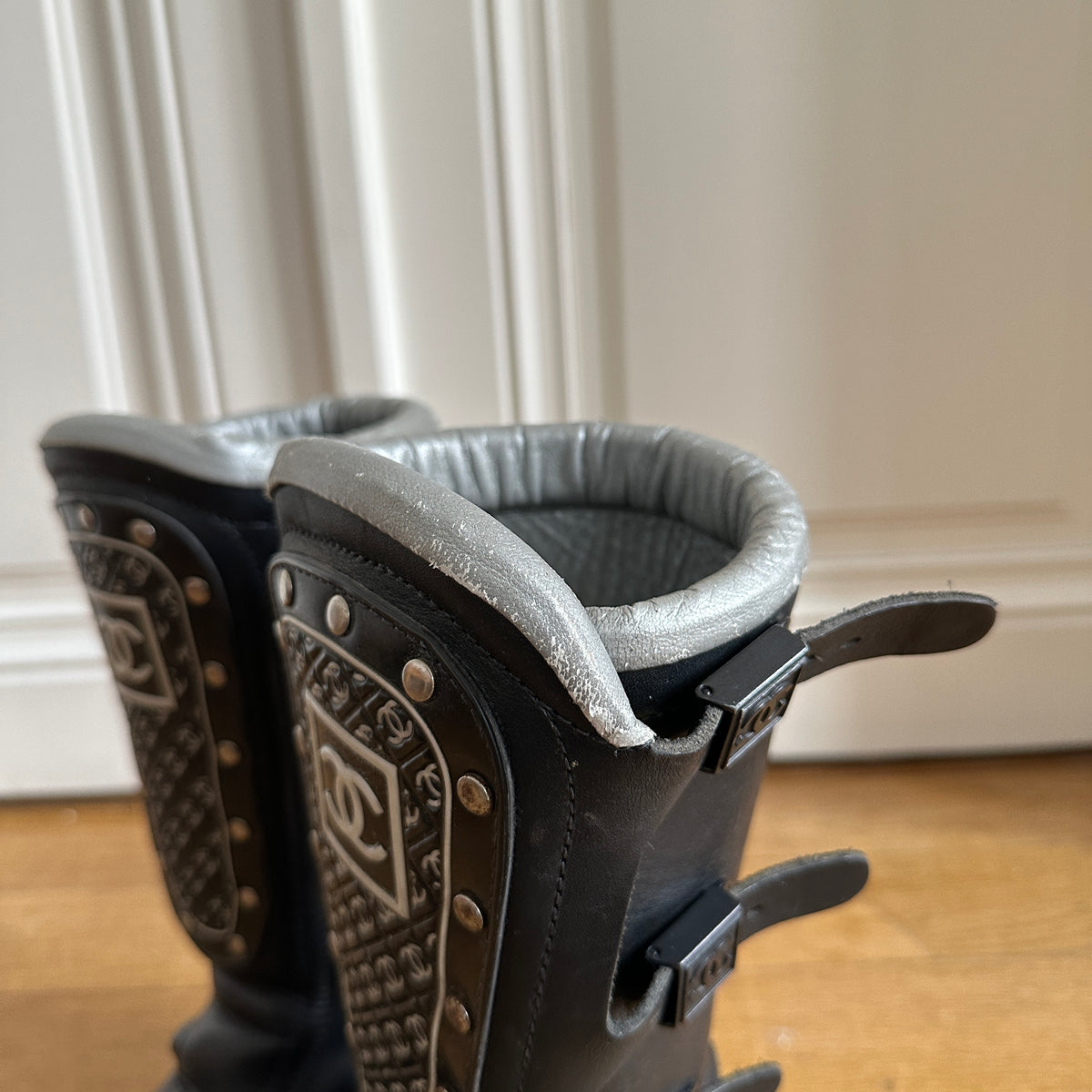 Chanel 90s Logo Buckled Motorcycle Boots