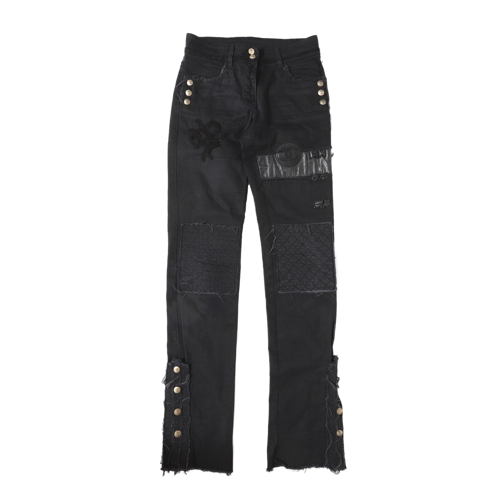 Chanel Black Leather Patchwork Distressed Denim