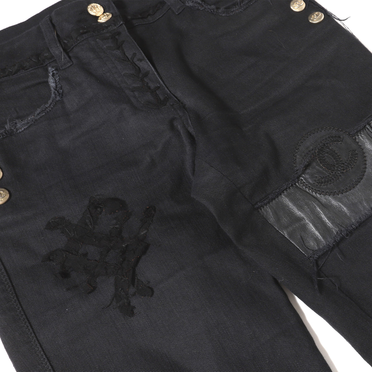 Chanel Black Leather Patchwork Distressed Denim