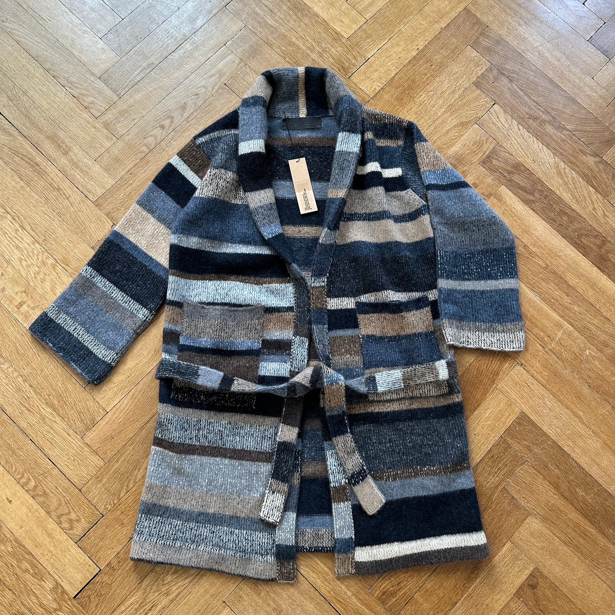 The Elder Statesman Striped Cashmere Belted Shawl Collar Coat