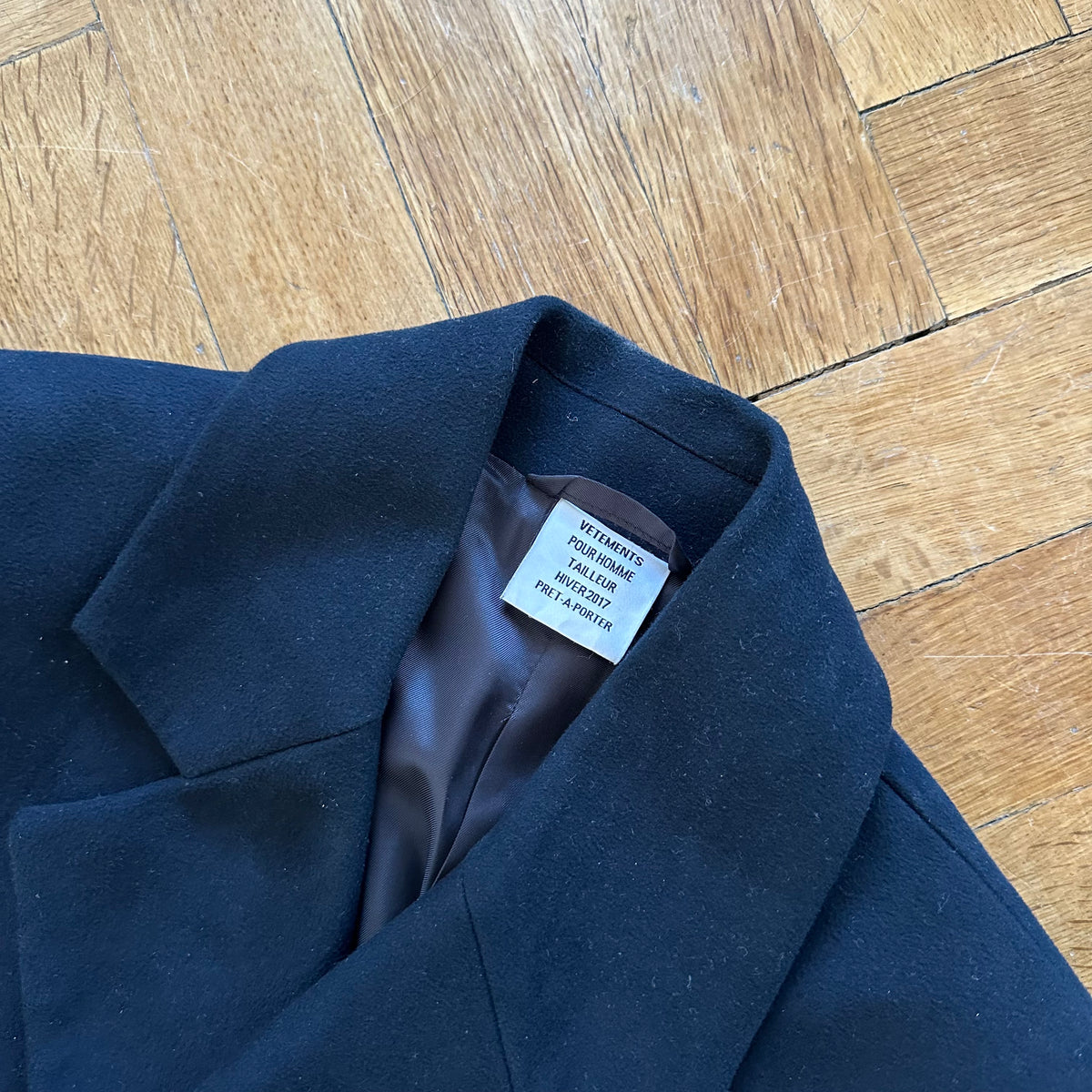 Vetements FW17 Oversized Moleskin Raw Hem Lettering Coat