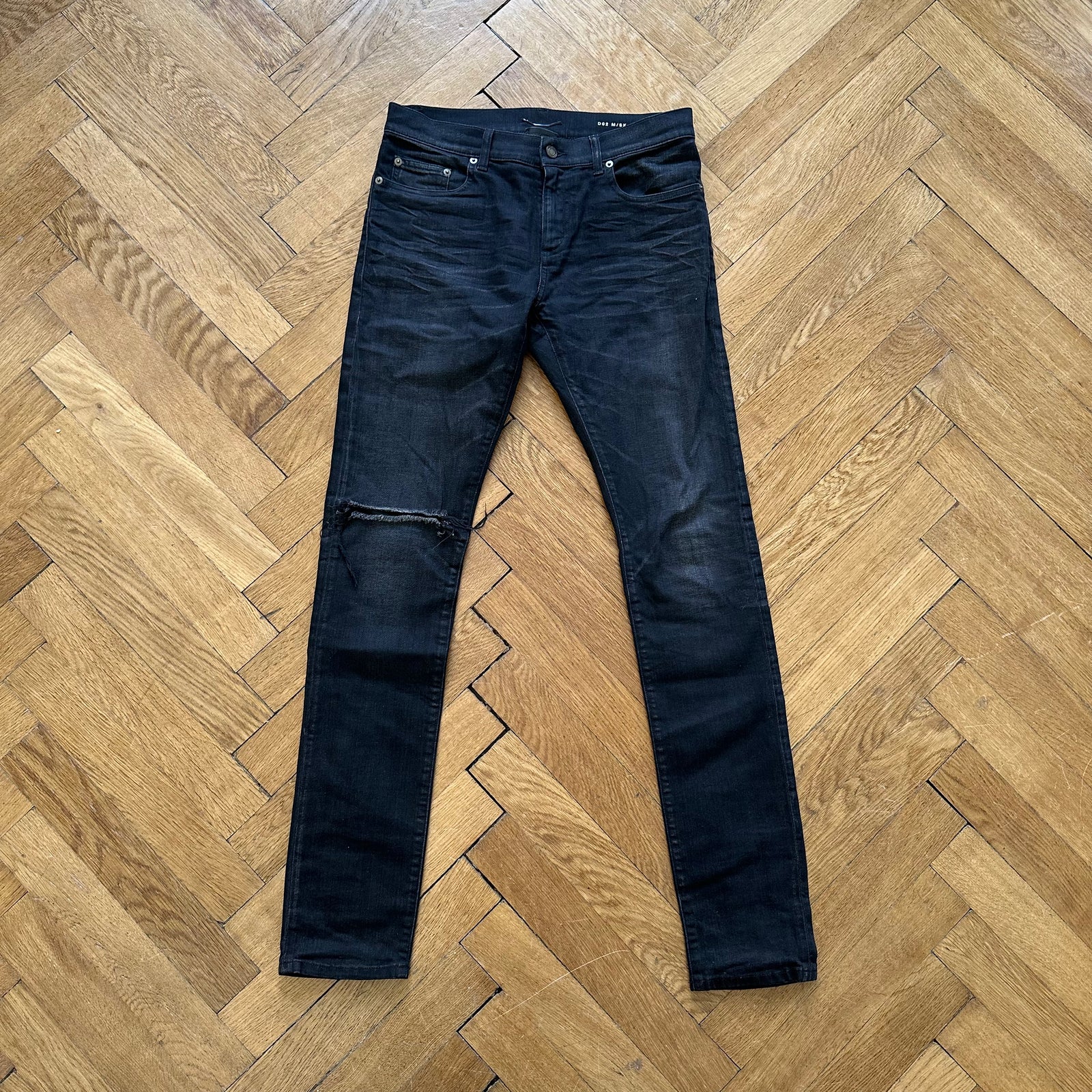 Saint Laurent FW16 Washed Black Knee Slit Skinny Denim