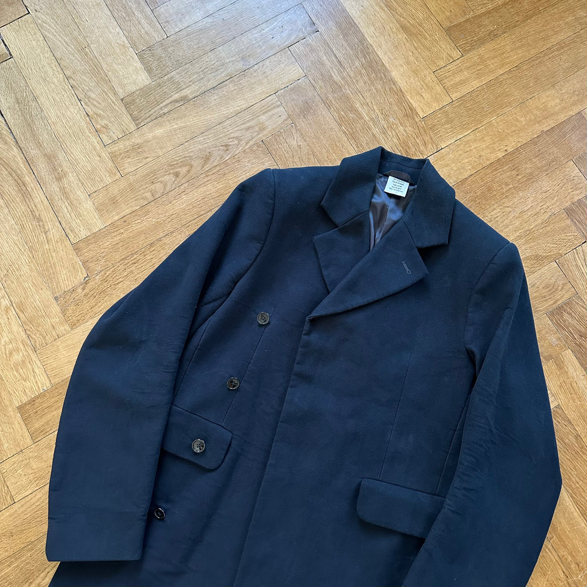 Vetements FW17 Oversized Moleskin Raw Hem Lettering Coat