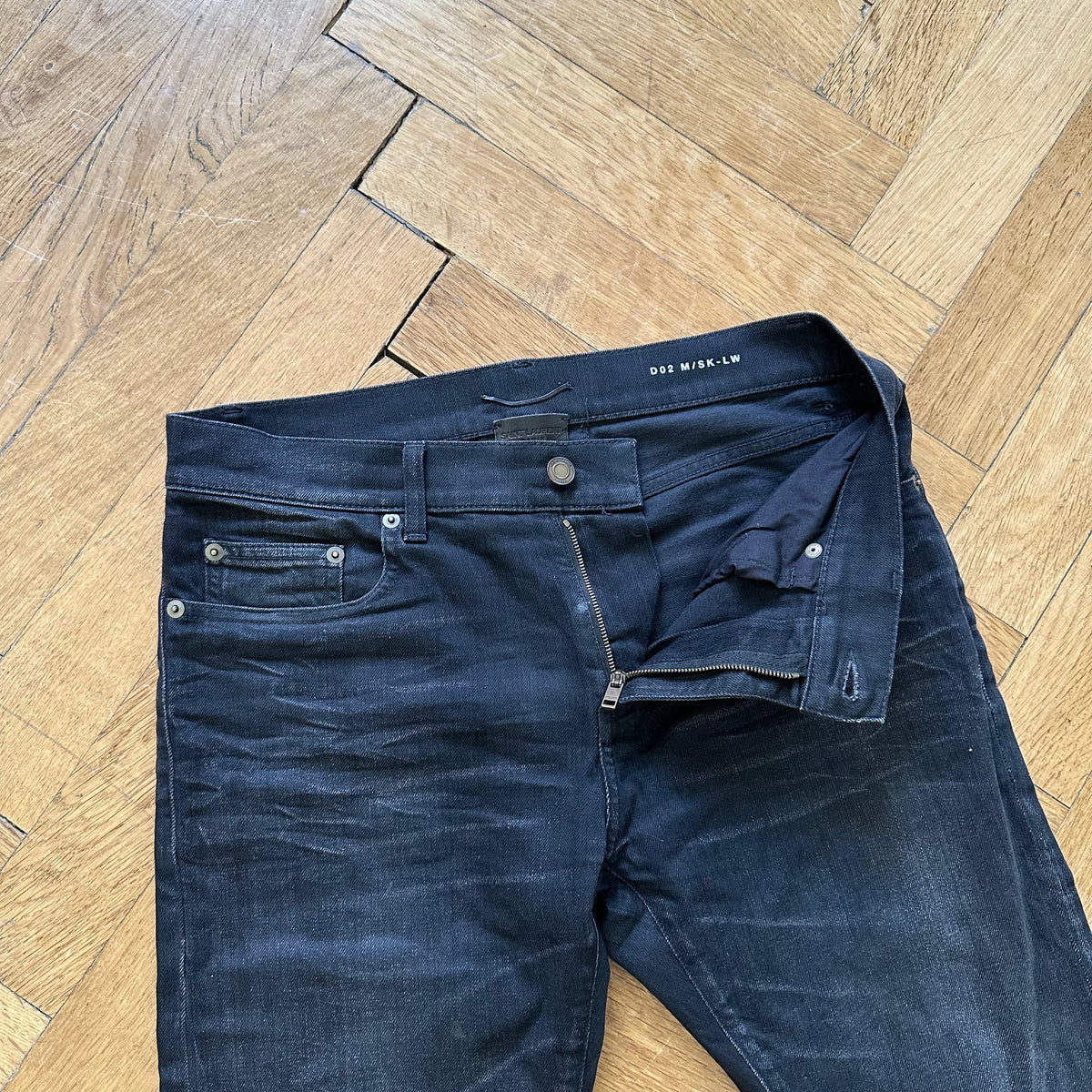 Saint Laurent FW16 Washed Black Knee Slit Skinny Denim