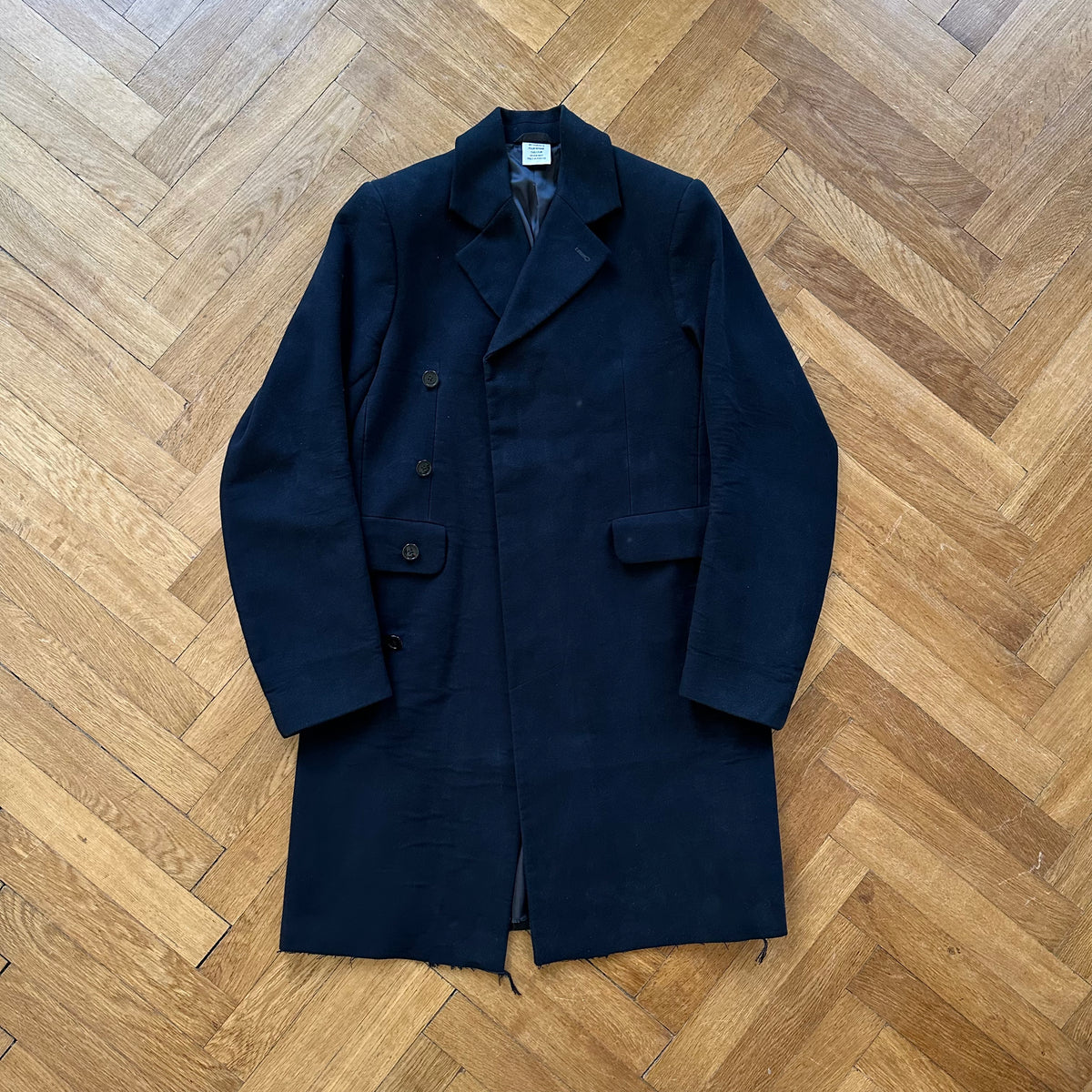 Vetements FW17 Oversized Moleskin Raw Hem Lettering Coat