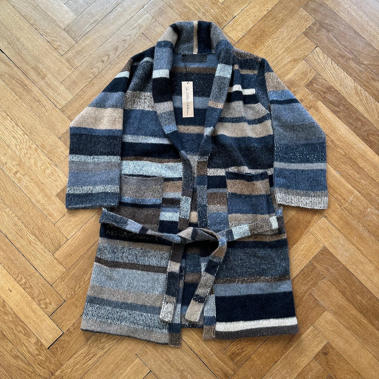 The Elder Statesman Striped Cashmere Belted Shawl Collar Coat